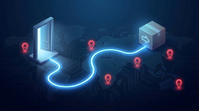 Winding blue digital path connecting red location pins on a dark tech background