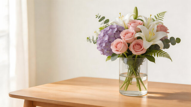 Flower bouquet in glass vase on table