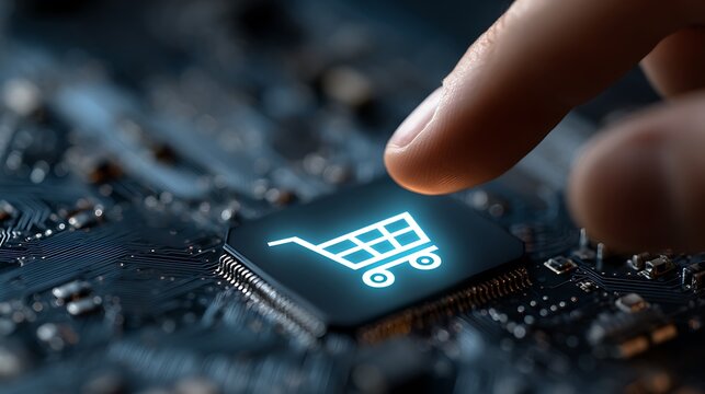 A finger touches a glowing shopping cart icon on a circuit board, symbolizing online purchasing