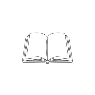 Minimalist black continuous line drawing of an open book with empty pages centered on a stark white background creating a serene concept of new beginnings