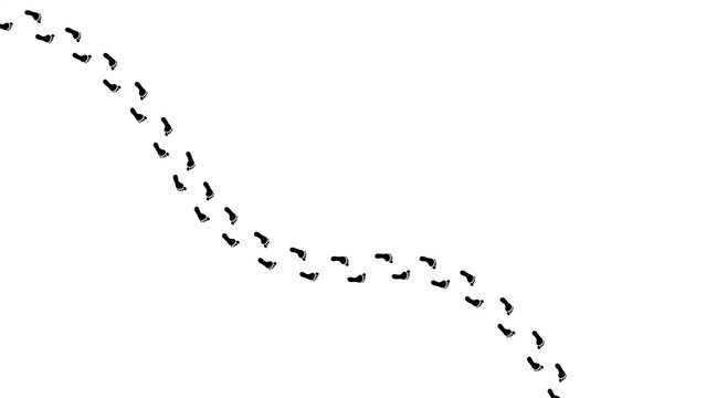 Trail of black shoe footprints following a curved path for represent tracking, search, or a winding journey