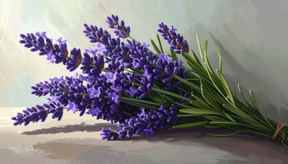 Obraz premium Beautiful Bunch of Fresh Lavender Flowers on a Light Surface.