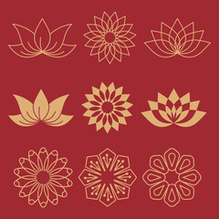 Obraz premium Golden Chinese Lotus and Floral Patterns Vector Set