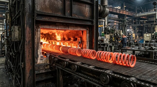 Medium shot of heavy coil springs moving through a continuous furnace as heat treatment enhances their durability and fatigue resistance in an industrial setting.
