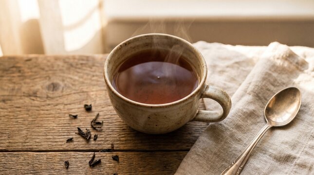 Half-filled tea cup top view, cozy warm tone, lifestyle minimal