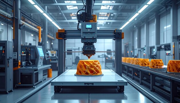 Advanced Robotic Arm 3D Printing Complex Industrial Component in Futuristic Factory.