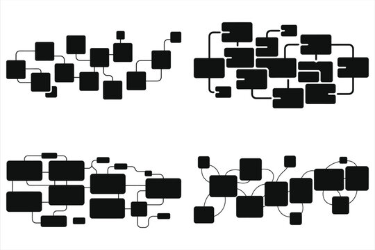 Abstract Vector Set of Interconnected Black Blocks and Modular Flowchart Elements; Geometric Network Diagrams, Organizational Mapping Symbols, and Schematic Infographic Templates on White Background