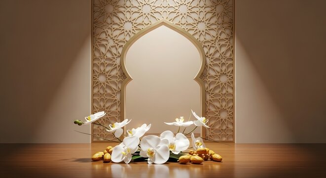 A background featuring an Islamic podium accented with white flowers
