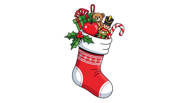 A festive red Christmas stocking stuffed with holiday gifts, candy canes, and ornaments, isolated on white as a merry Xmas celebration illustration