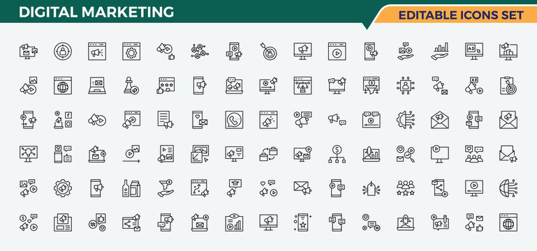 Digital Marketing line icon set. Digital Campaigns icon set. Included website, advertising, online, social, cyberspace, media and more. Editable stroke. Vector collection.