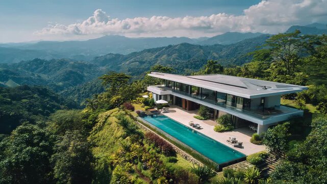 Luxury modern villa with infinity pool surrounded by lush tropical mountain forest
