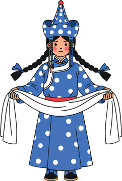 Flat Vector Illustration of Mongolian Girl in Traditional Blue Attire Holding a Ceremonial Scarf