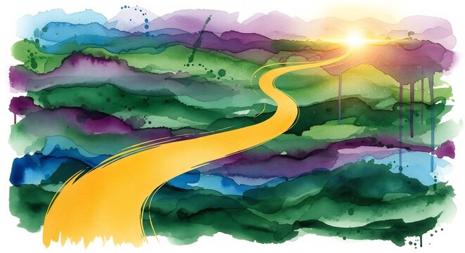 abstract colorful landscape with a golden winding path leading to a bright light