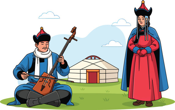 Mongolian Couple in Traditional Deel with Morin Khuur and Ger Vector Illustration
