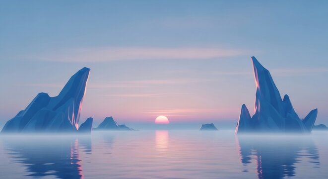 abstract low poly arctic landscape with pink and blue sunset