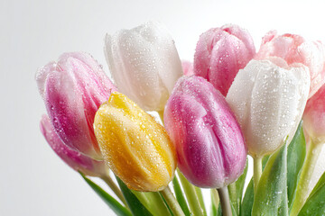 Fototapeta premium Fresh Pastel Tulips with Morning Dew, Isolated on White Background, Soft Natural Light Aesthetic