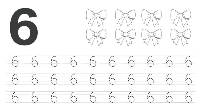 Preschool math worksheet for learning numbers featuring a large digit six for tracing and eight decorative bows for counting exercises.