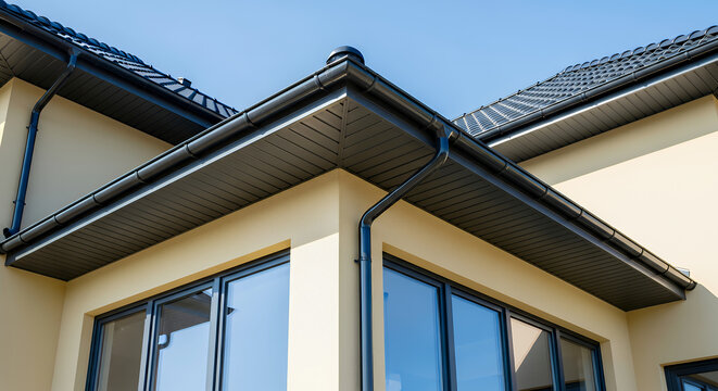 Black gutters on beige house with tiled roof and large windows residential building