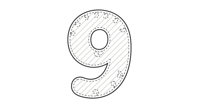 Number nine illustration with dotted and dashed outlines creates fun tracing worksheet for early childhood numeracy skill building.