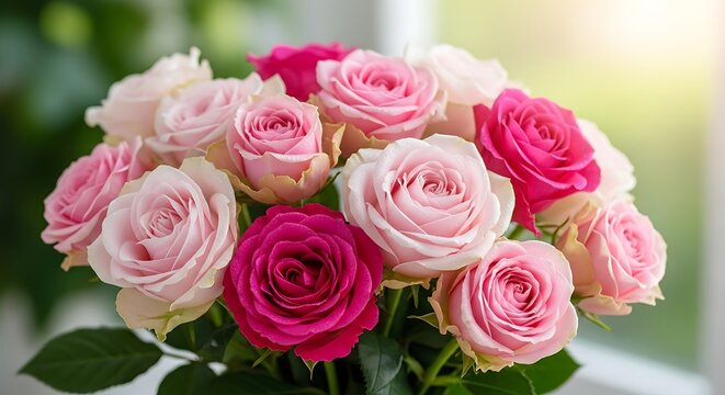 A vibrant bouquet of pink and fuchsia roses bathed in soft sunlight