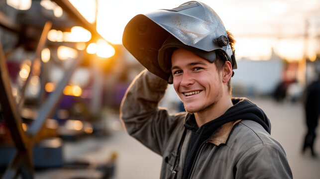 Young white male welder removing helmet after completing frame joint, revealing proud smile, factory setting, warm golden hour atmospheric glow