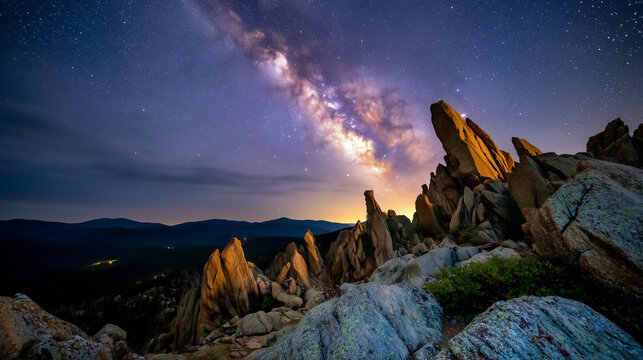 Milky way core rising over mountain ridge at 3am, deep purple and gold tones, foreground rocks sharp in blue moonlight