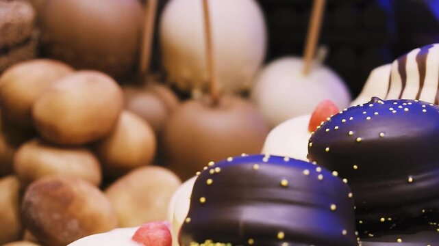 Schokofr&uuml;chte und Marzipan in Nahaufnahme mit Sch&auml;rfenverlagerung an S&uuml;&szlig;igkeitenstand auf Jahrmarkt