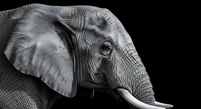 Close-up black and white portrait of an african elephant's face with big five