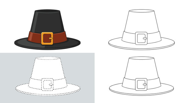 Set of four pilgrim hat illustrations in different styles including full color, outline, and dotted lines for various design applications.