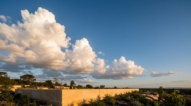 Sandstone wall in modern landscape architecture under dramatic cumulus clouds and blue sky