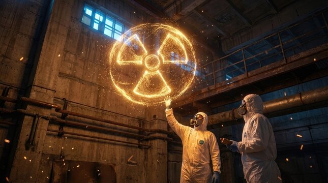 Person in protective suit examining glowing digital radioactivity symbol, dark concrete bunker environment, hazardous area, industrial facility, safety precaution, dangerous energy.