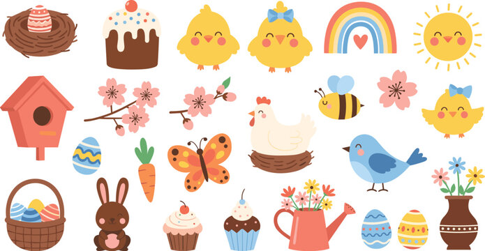 Spring elements collection cute birds flowers eggs rainbow and nest cartoon vector set
