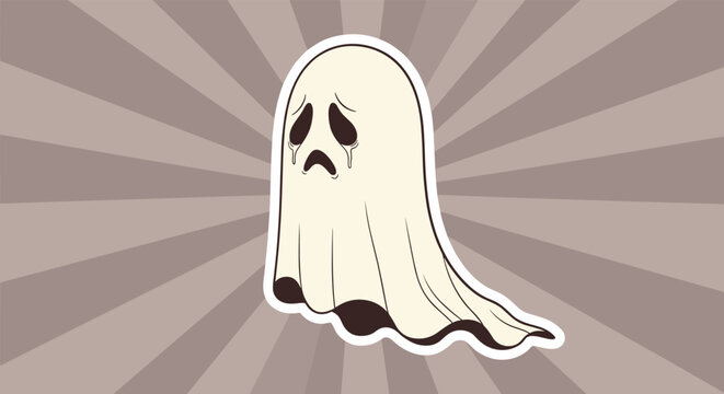 Crying ghost character with teardrops on a light tan background with radiating sunburst rays for a spooky theme.