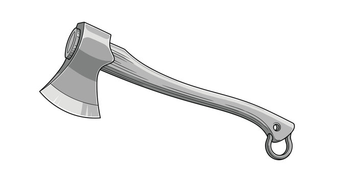 Hand axe tool with a sharp metal blade and a wooden handle depicted in a clean illustrative style for outdoor use.