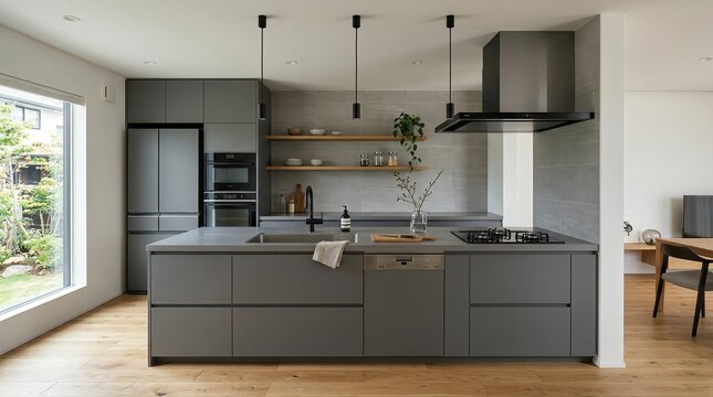 グレートーンで統一されたミニマルモダンなアイランドキッチンと開放的なLDK空間