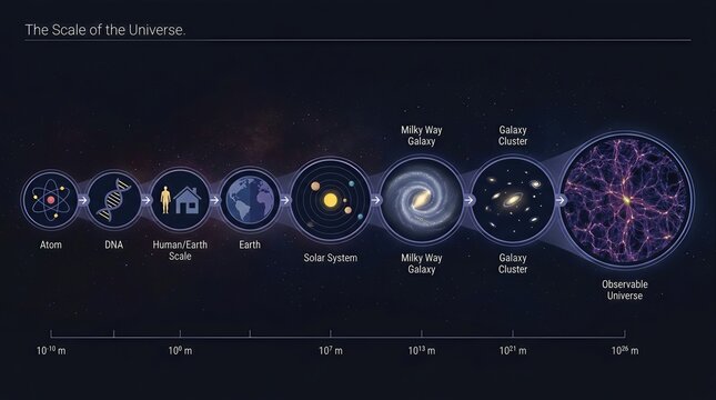 Universe scale progression, showing cosmic dimension, illustrating relative size, from atom to observable cosmos, depicting magnitude variation, explaining vast expanse.