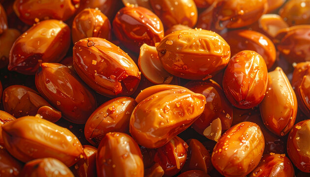 Close up of roasted peanuts displaying texture and caramelized coating