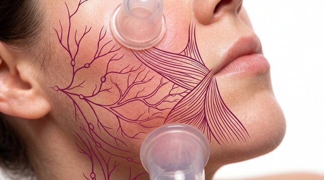Woman receiving facial cupping therapy. Applying silicone cups on cheek for lymphatic drainage and skin rejuvenation. Modern beauty treatment for lifting and health of facial muscle.