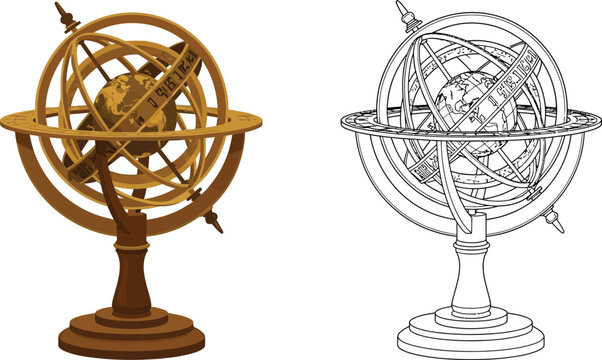 Antique armillary sphere and its outline a historical astronomical instrument for celestial navigation isolated on white background