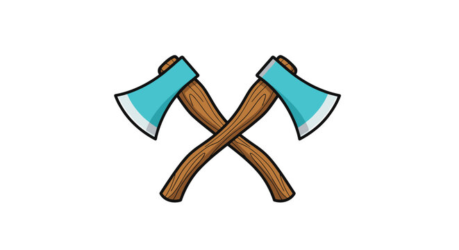 Two crossed axes with wooden handles and blue metal heads for camping adventure icons and lumberjack forestry service logos.