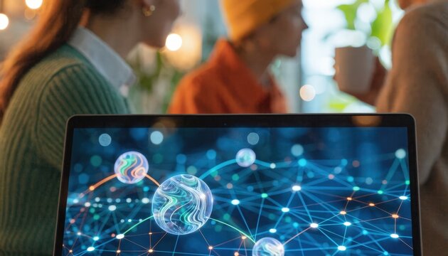 Closeup medium shot of a laptop screen showing a consortium blockchain dashboard for prescription claim traceability with healthcare professionals in soft focus behind.