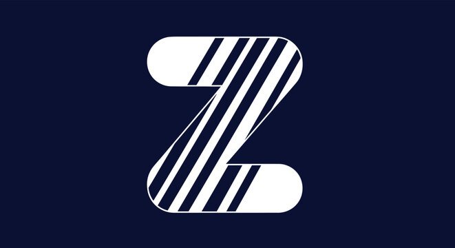 Modern alphabet letter Z with blue and white diagonal stripes on a dark background for sports jersey and monogram design concepts.