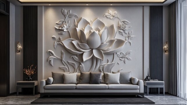 Elegant living room with a large, detailed flower relief. Features a modern sofa