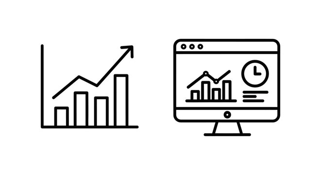 Budget forecast and financial forecast icons showing upward trends data analytics future predictions on a bar chart and computer monitor forecast financial prediction analytics computer