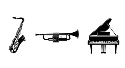 Naklejka premium Celebrate International Jazz Day with timeless musical instrument icons saxophone, trumpet, and grand piano, highlighting global music culture