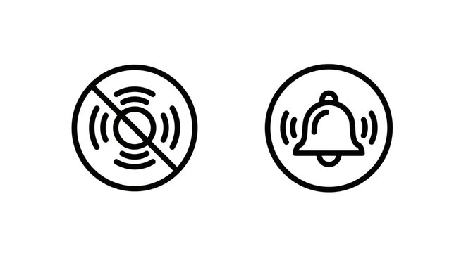 Notification bell and silent mode icons for sound alerts and off settings with notification application technology interface communication illustration function activate deactivate soundwave