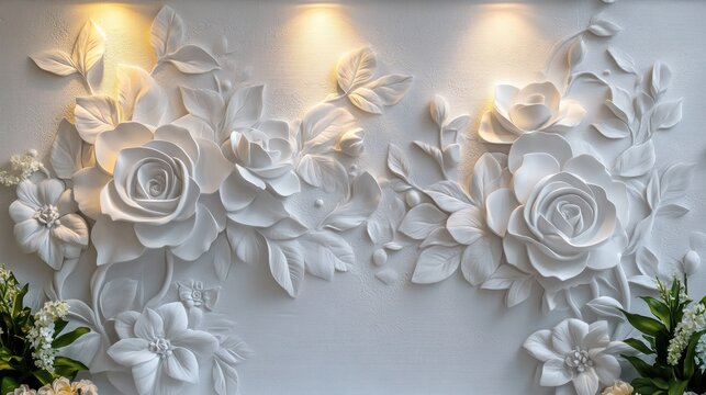 White embossed flower wall mural, decorative, elegant, interior design, photo wallpaper