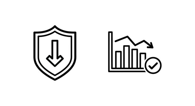 Risk reduction and mitigation icons featuring a shield with a downward arrow and a declining bar chart for financial management reduction management protection decrease prevention business