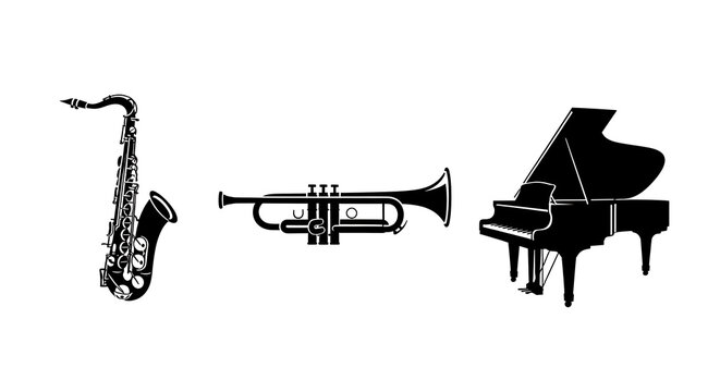Illustrative tribute to International Jazz Day classic saxophone, trumpet, and grand piano silhouettes embodying the genre