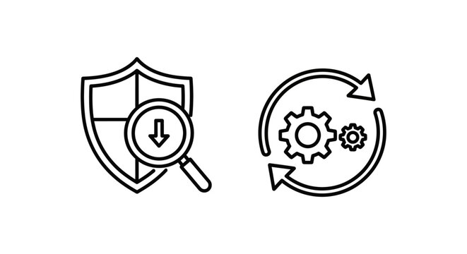 Business risk monitoring and process icon set featuring security shield magnifying glass and rotating gears monitoring business security protection magnifying management analysis decrease